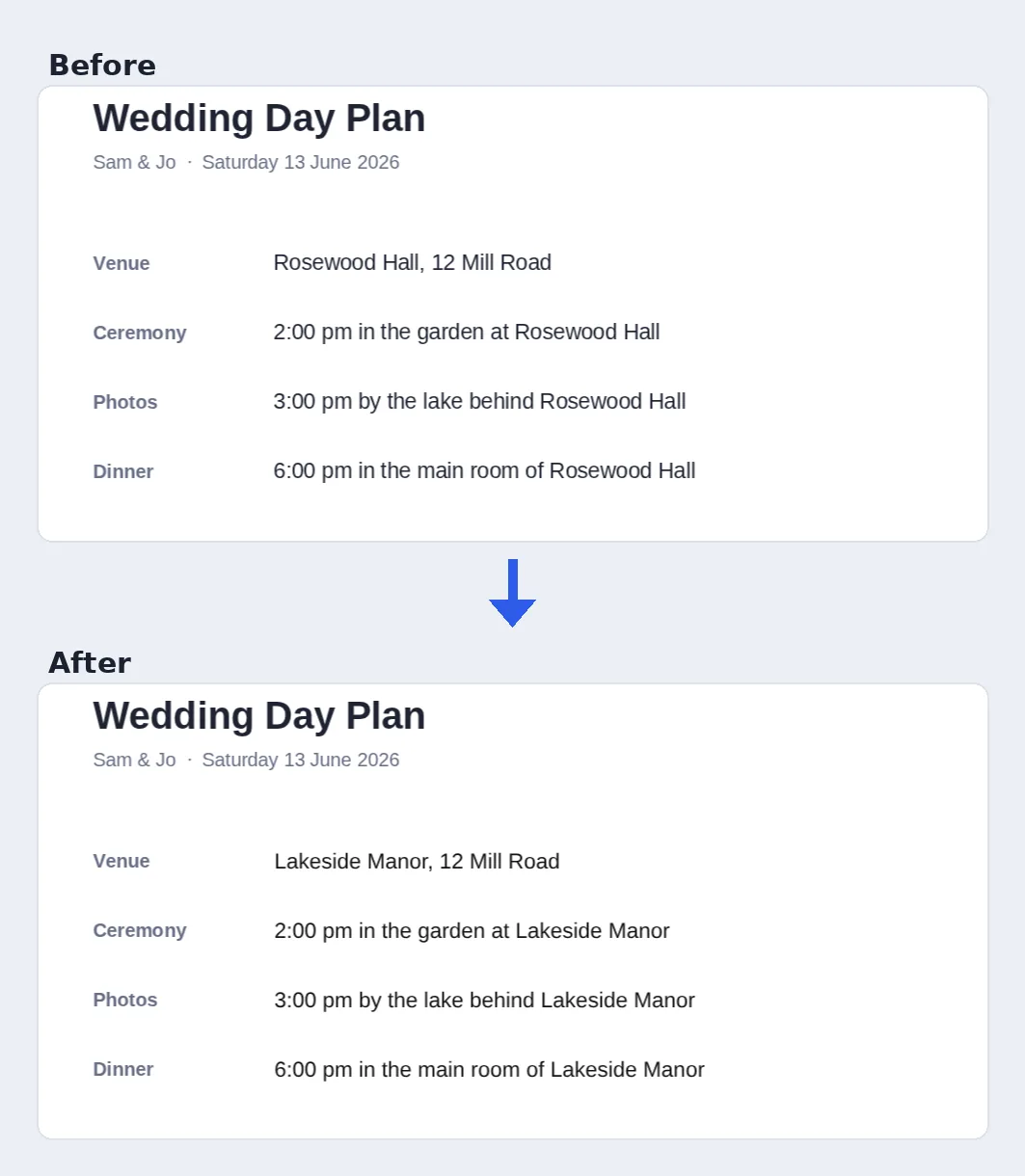 Before and after: a venue name changed on every line with find and replace in PDF