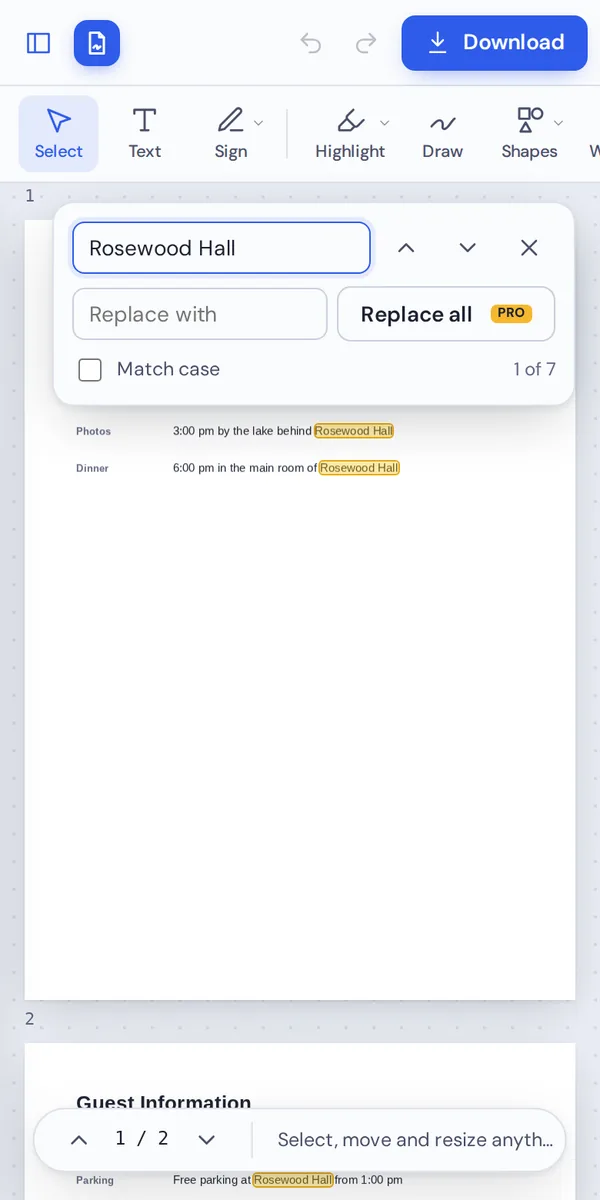 Find and replace in PDF on a phone with matches marked