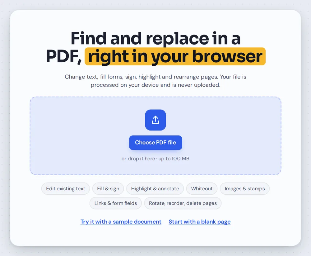 Open a document to find and replace in PDF pages by choosing it or dropping it on the editor