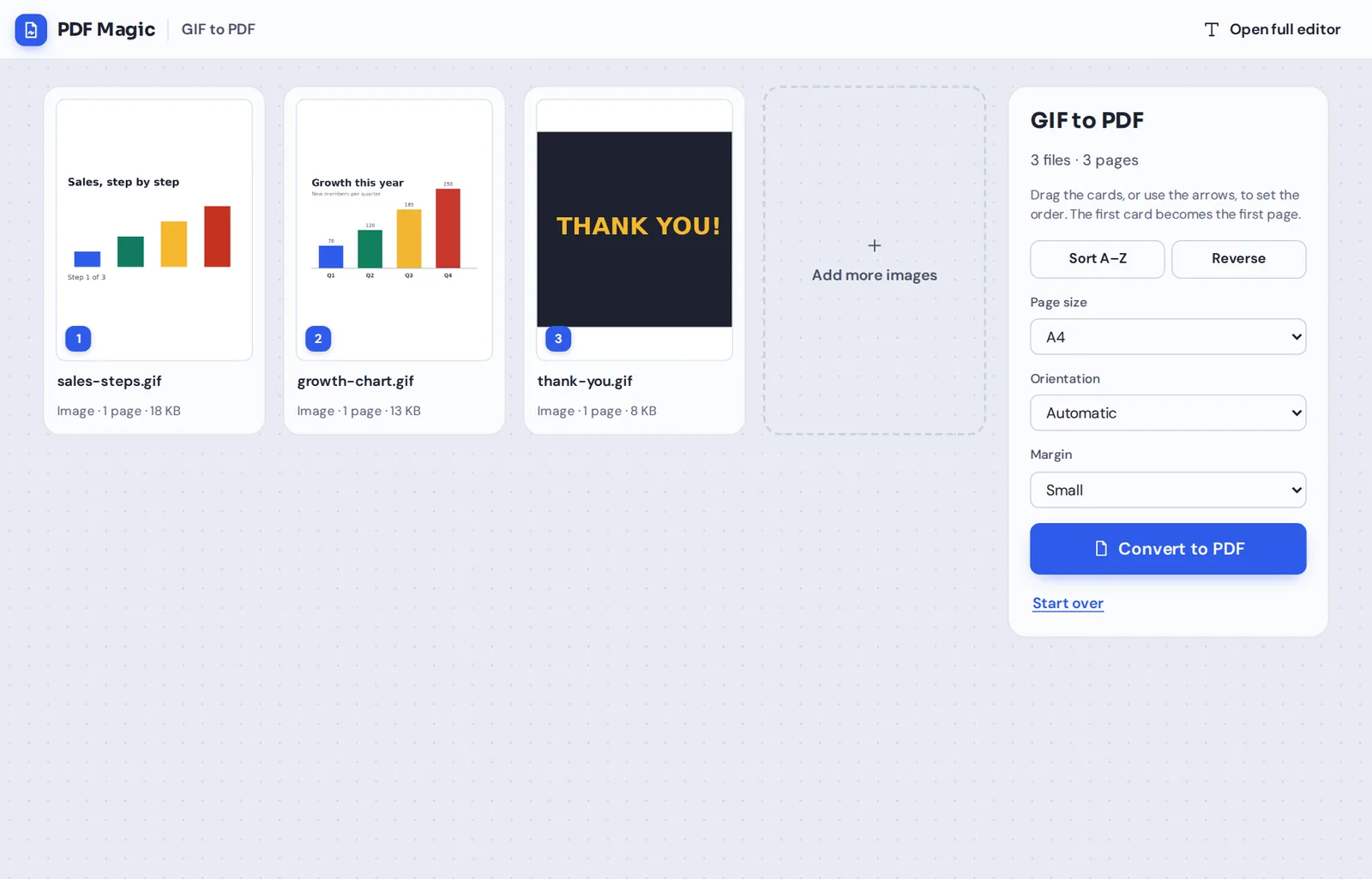 GIF to PDF online: an animated chart, a bar chart and a card lined up in the converter