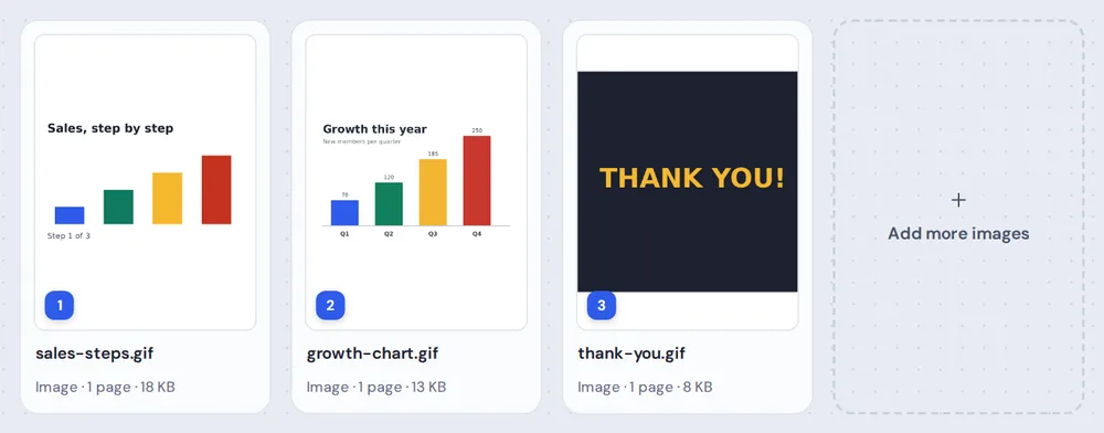 Two chart GIFs and a thank-you card in order for GIF to PDF
