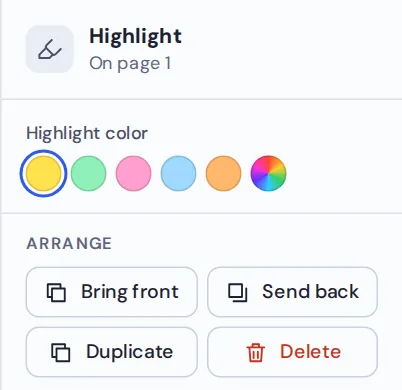 Five highlighter colors to highlight PDF notes in yellow, green, pink, blue or orange