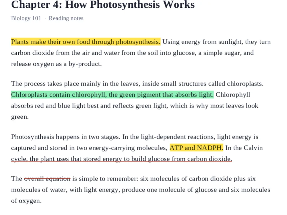 Study notes marked with the highlight PDF tool in two colors, an underline and a strikeout
