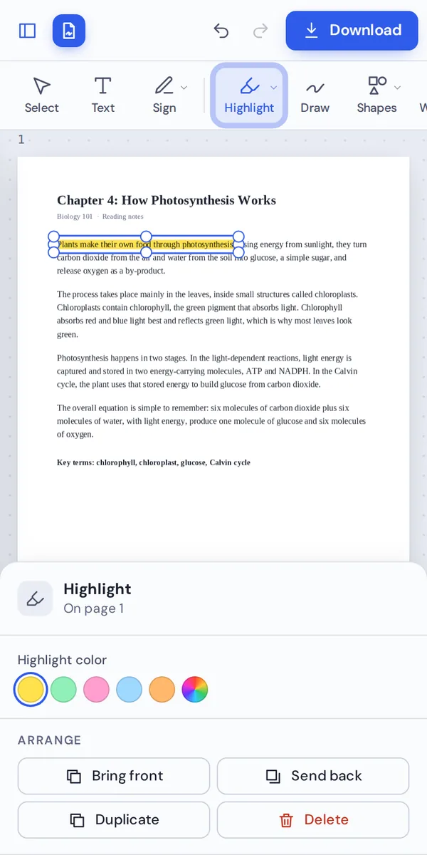 Highlight PDF text on a phone by dragging a finger across a sentence