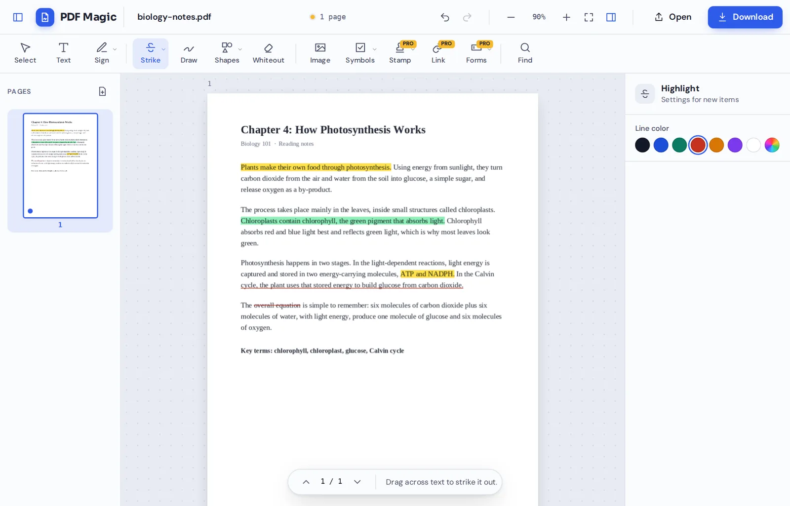 Highlight PDF online: biology notes with highlights in the PDF Magic editor