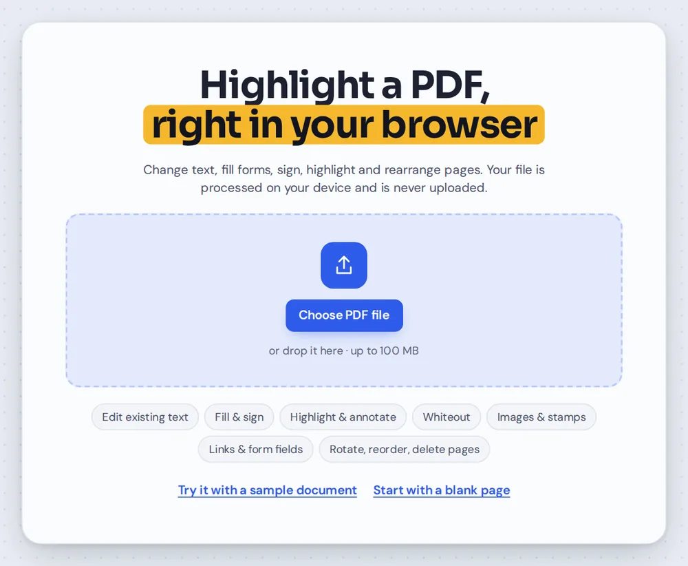 Open a document to highlight PDF text by choosing it or dropping it on the editor