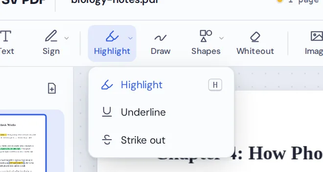 Highlight, underline and strike out options in the highlight PDF menu