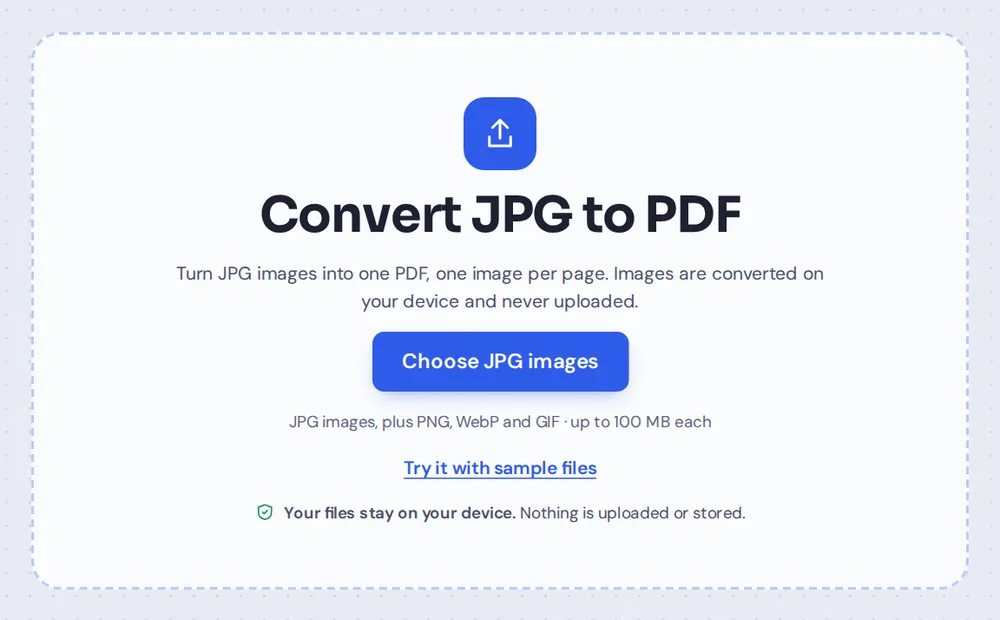 Choose JPG images or drop them on the JPG to PDF converter