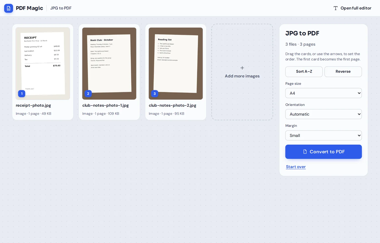 JPG to PDF online: a receipt photo and two note photos lined up to convert