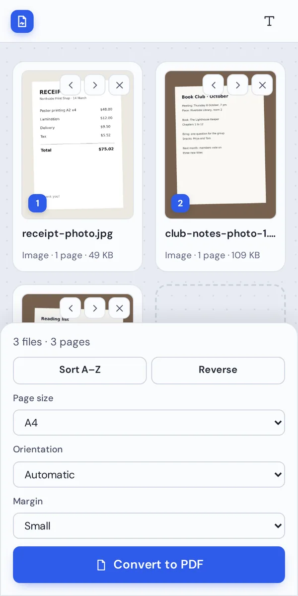 JPG to PDF on a phone with the Convert to PDF button at the bottom