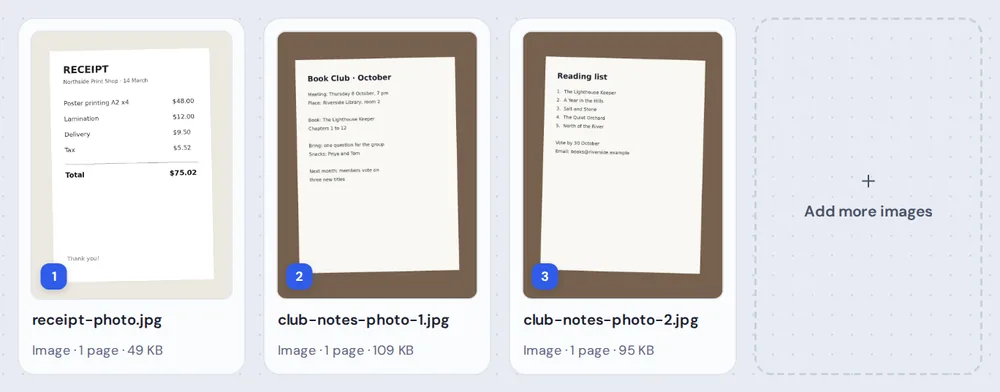 Three photos in order as cards before converting JPG to PDF