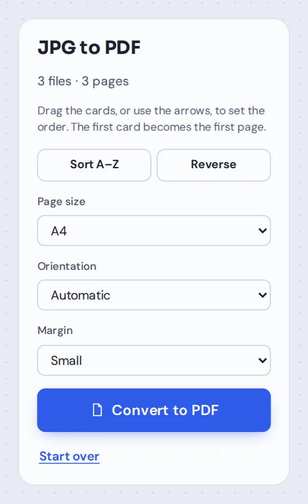 Page size, orientation and margin options for JPG to PDF