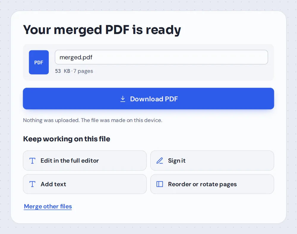 Merged PDF ready to download, with options to keep working after you merge PDF files