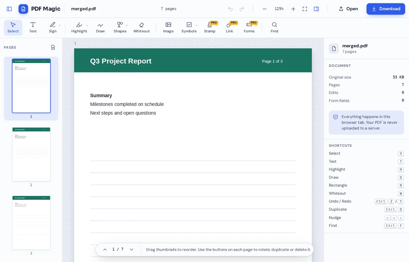 The merged file open in the PDF Magic editor after you merge PDF pages