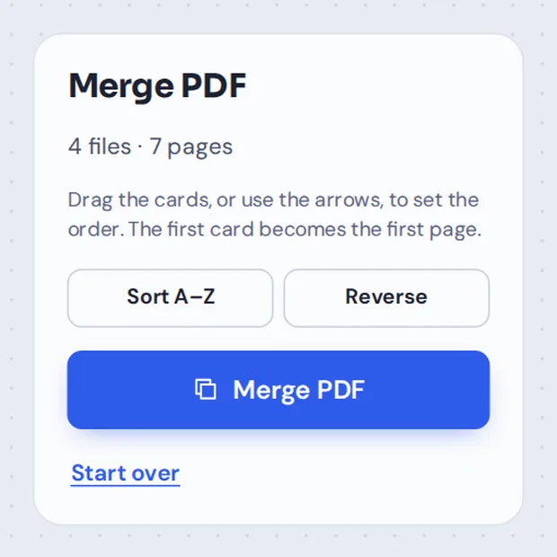 Merge PDF panel with file count, Sort A to Z, Reverse and the Merge PDF button
