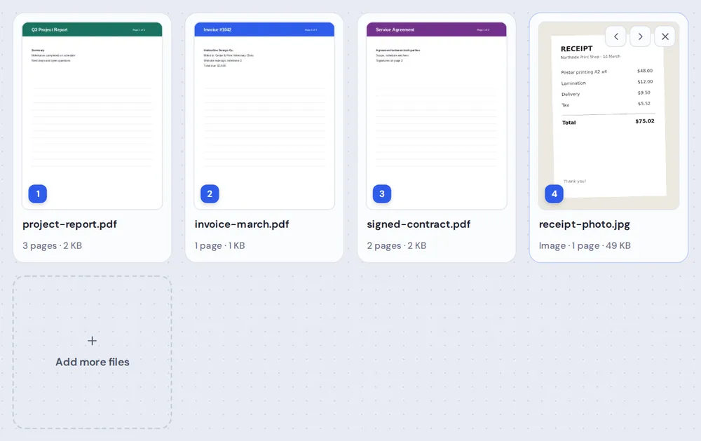 File cards in order with move buttons before you merge PDF files
