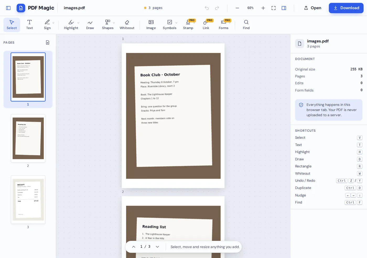 Three phone photos turned into a three-page document with the PDF maker