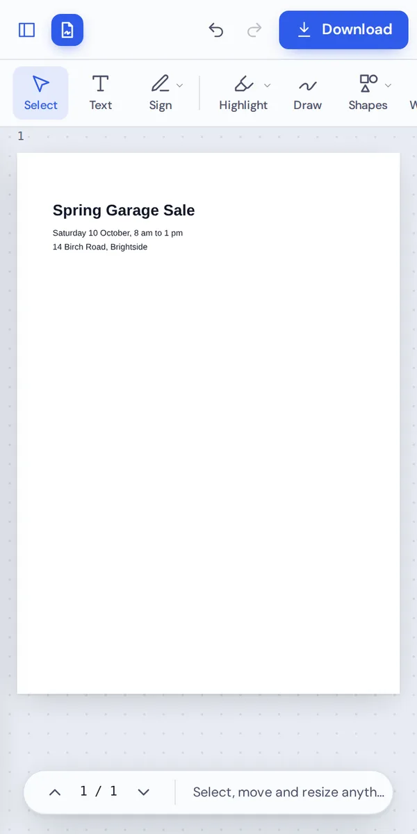 The PDF maker on a phone, typing on a blank page