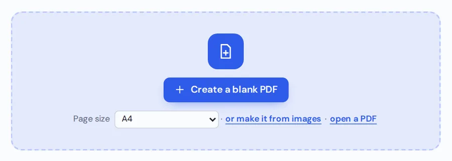 Page size choice and the Create a blank PDF button in the PDF maker