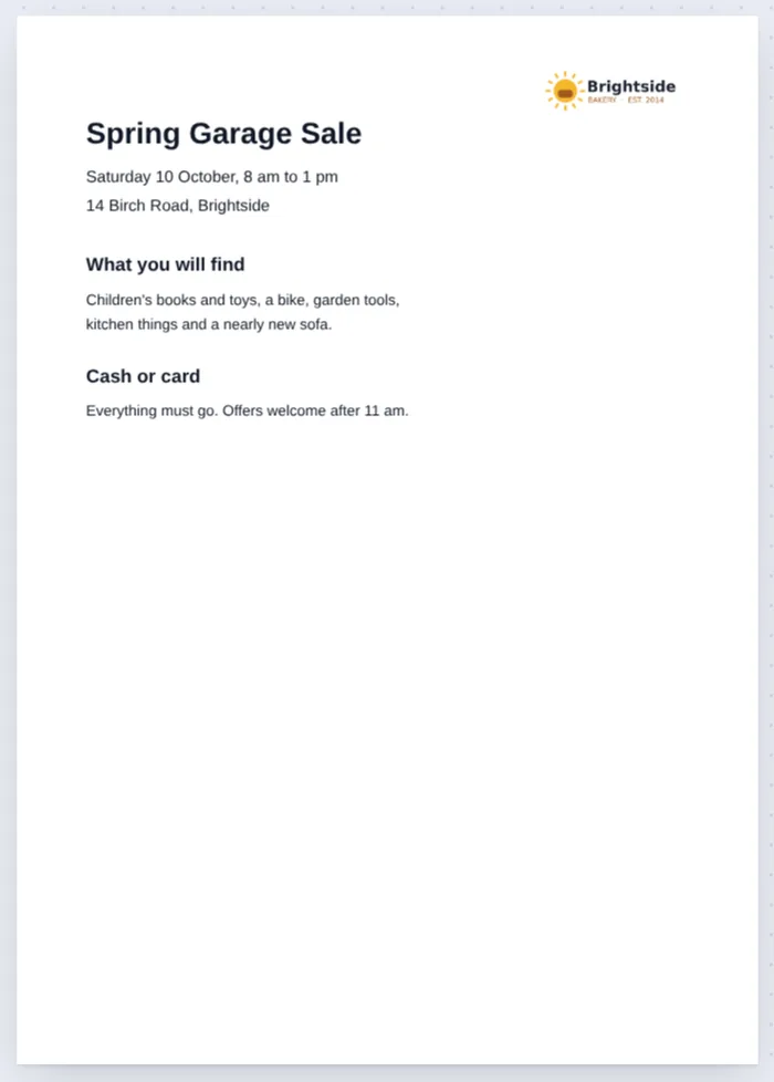 A garage sale flyer typed on a blank page with the PDF maker