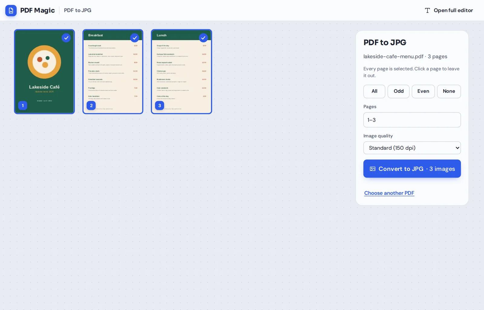 PDF to JPG online: a three-page café menu ready to convert in PDF Magic