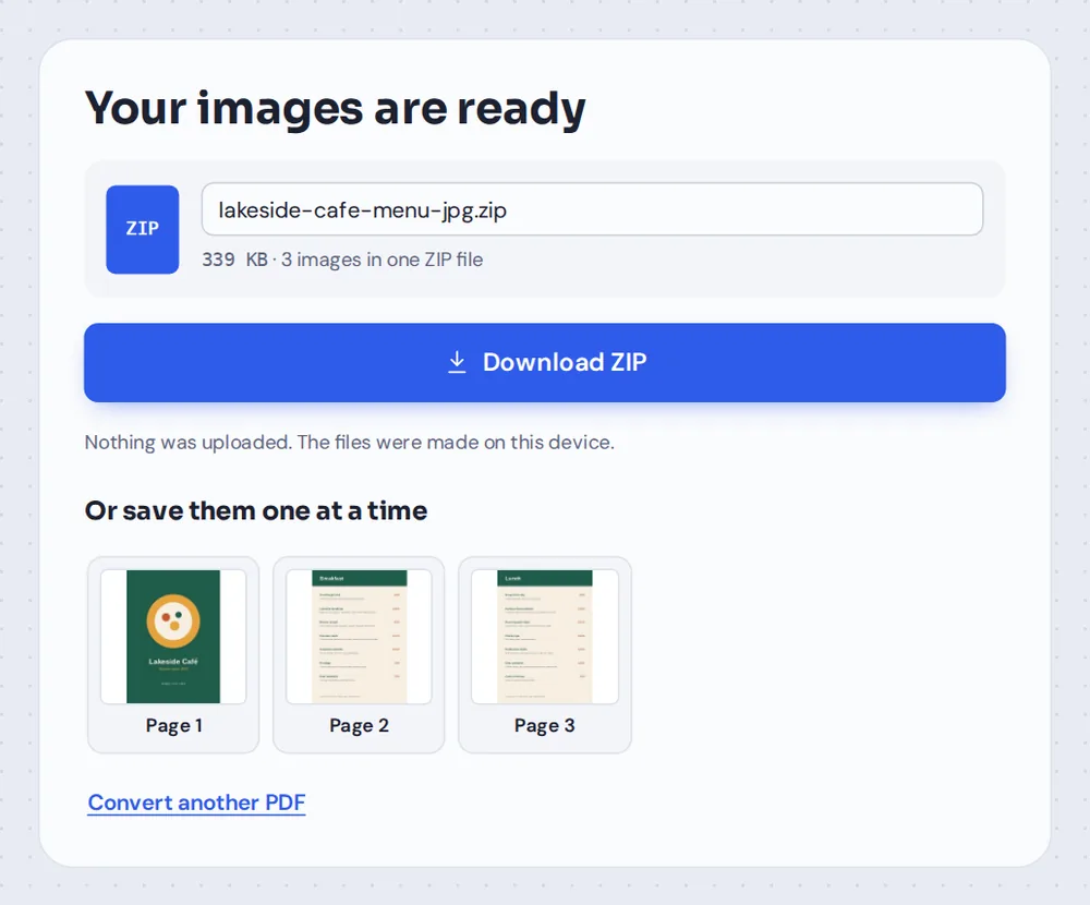 JPG images from PDF to JPG, ready to download as a ZIP or one at a time
