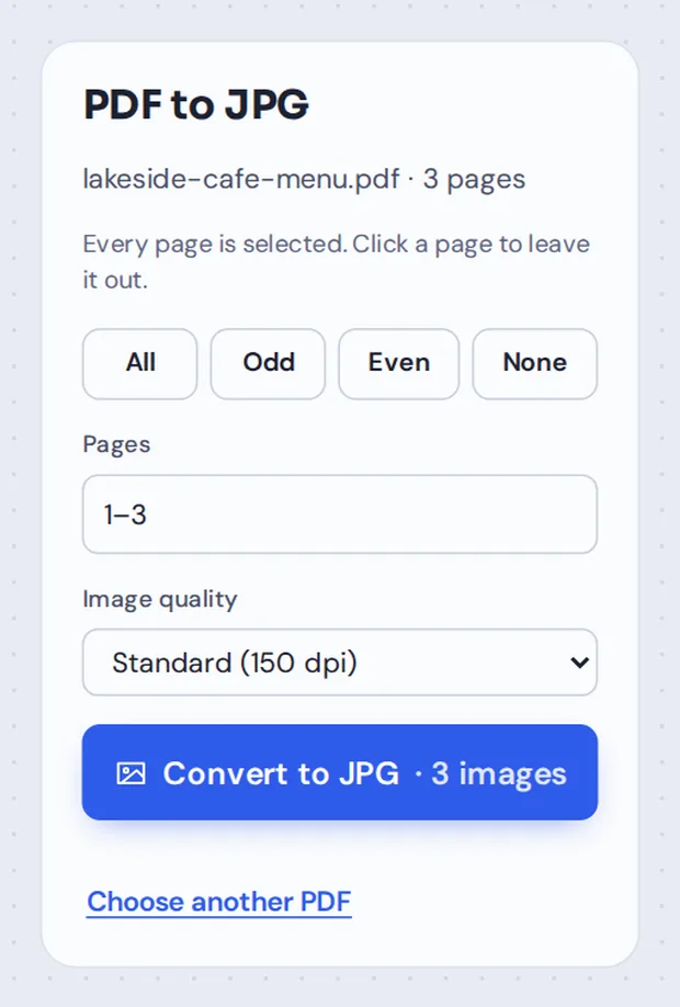 Page selection and image quality options for PDF to JPG