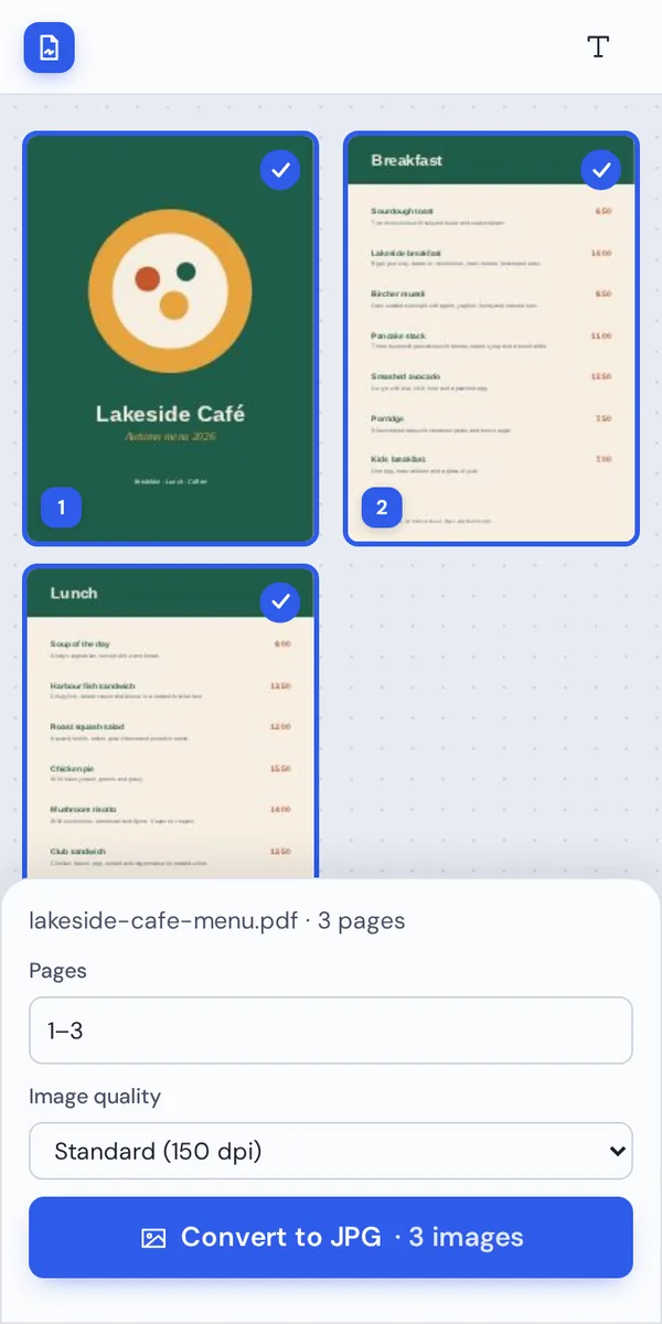 PDF to JPG on a phone with the Convert to JPG button at the bottom