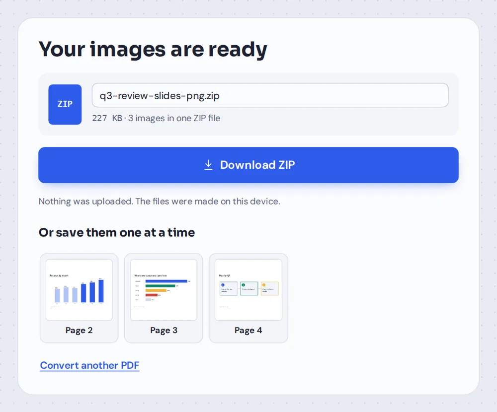PNG images from PDF to PNG, ready to download as a ZIP or one at a time