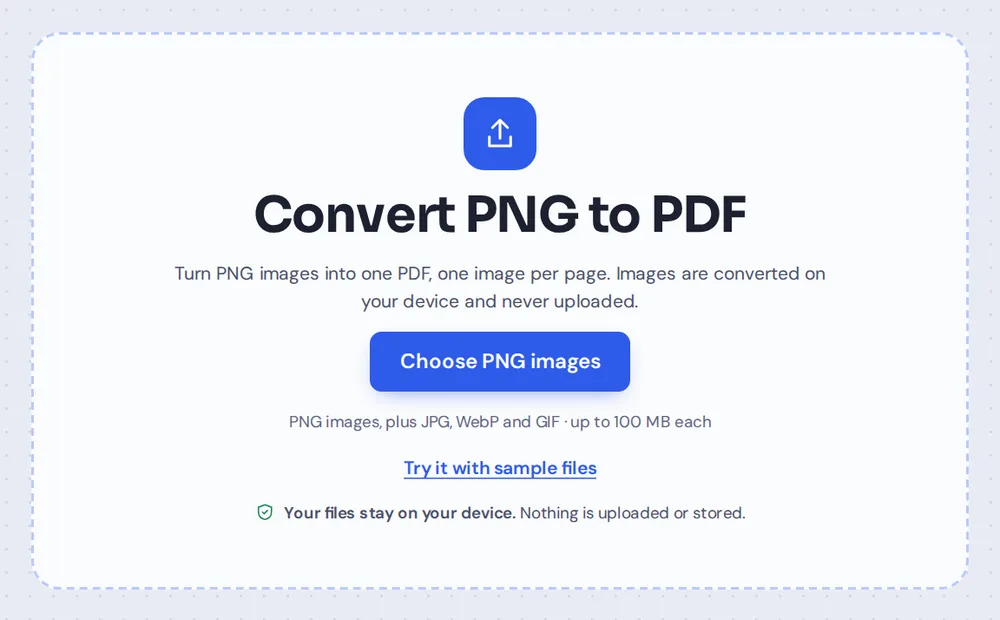 Choose PNG images or drop them on the PNG to PDF converter