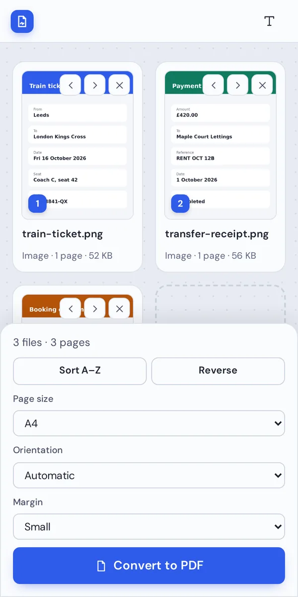 PNG to PDF on a phone, converting screenshots into one file