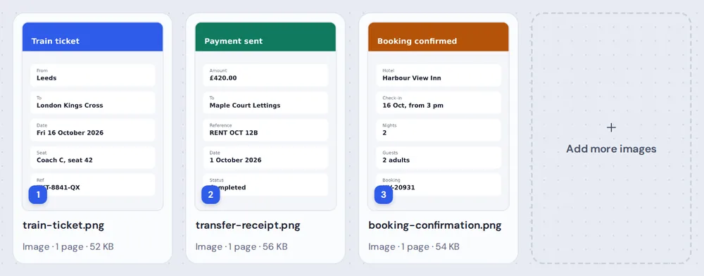 A train ticket, a payment receipt and a booking screenshot in order for PNG to PDF