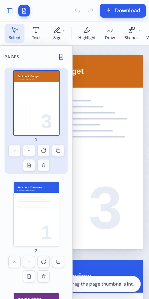Rearrange PDF pages on a phone with move up and move down buttons