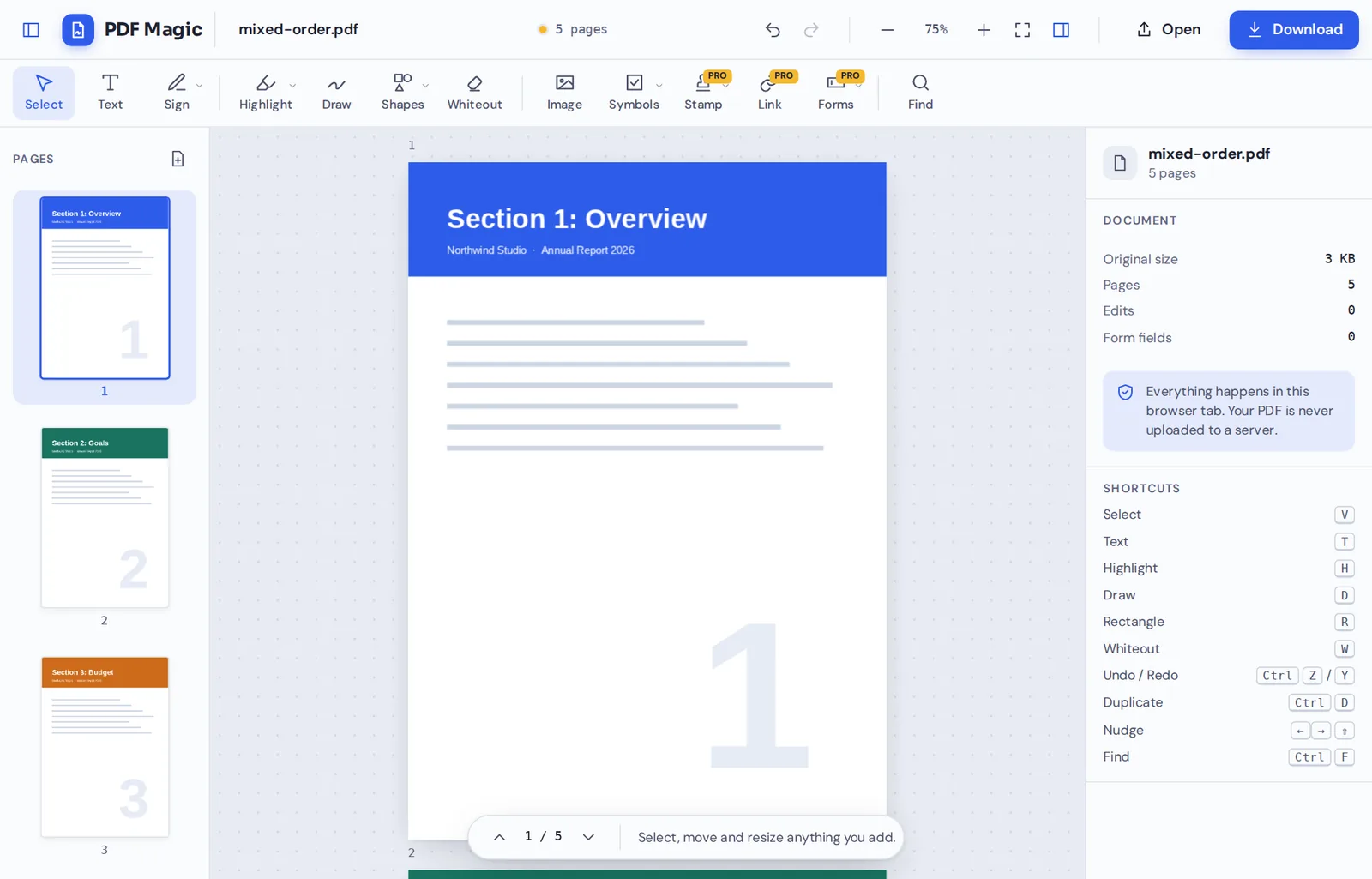 Reordering pages in the sidebar of the online PDF editor