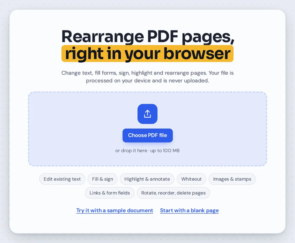 Open a file to rearrange PDF pages by choosing it or dropping it on the editor