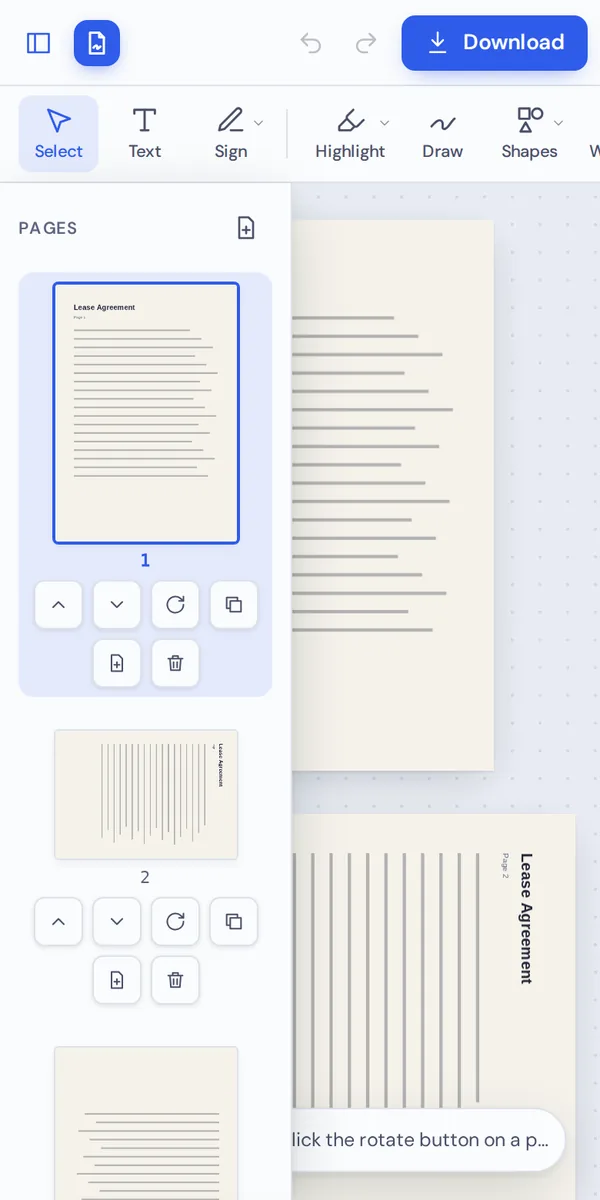 Rotate PDF pages on a phone with the page buttons under each thumbnail