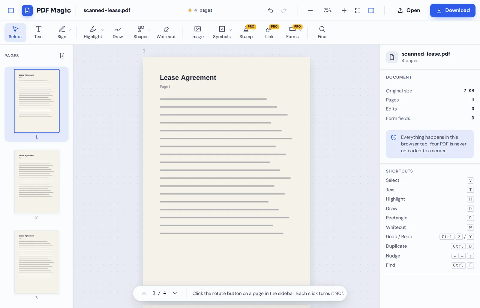 Rotate PDF online: a scanned lease with every page upright in the PDF Magic editor