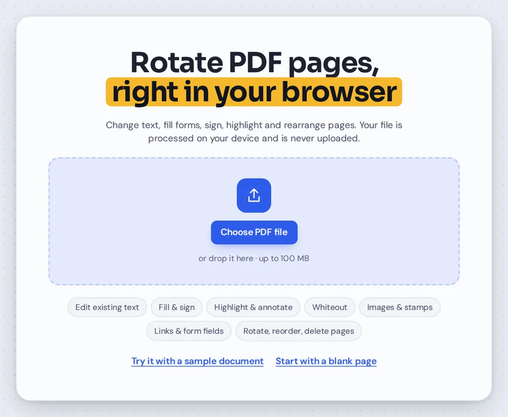 Open a file to rotate PDF pages by choosing it or dropping it on the editor