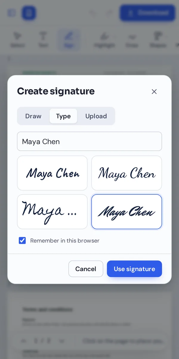 Sign PDF on a phone with a typed handwriting signature