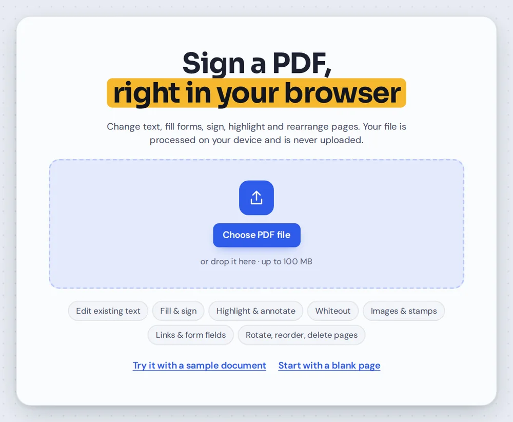 Open a document to sign PDF online by choosing it or dropping it on the editor
