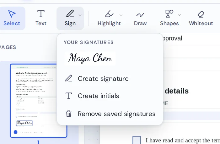 Saved signatures menu to sign PDF forms again with one click