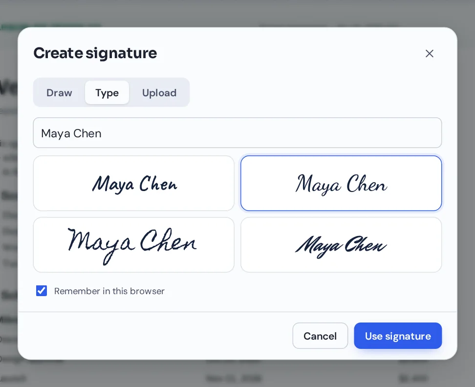 Type your name in a handwriting style to sign PDF documents