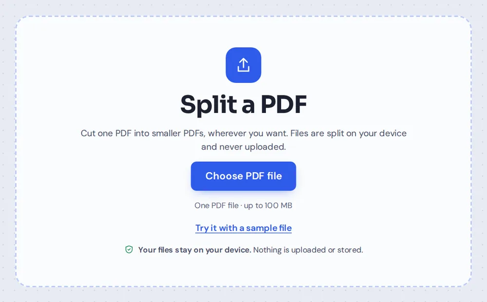 Choose a PDF file or drop it on the tool to split PDF documents