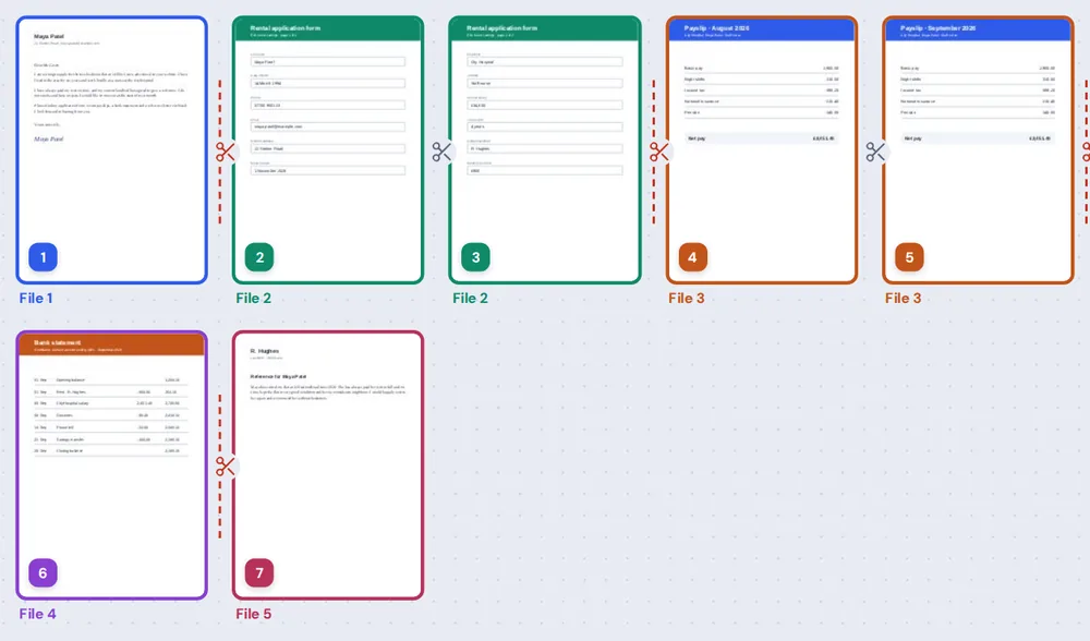 Scissors between pages and colored file labels to split PDF pages into five files