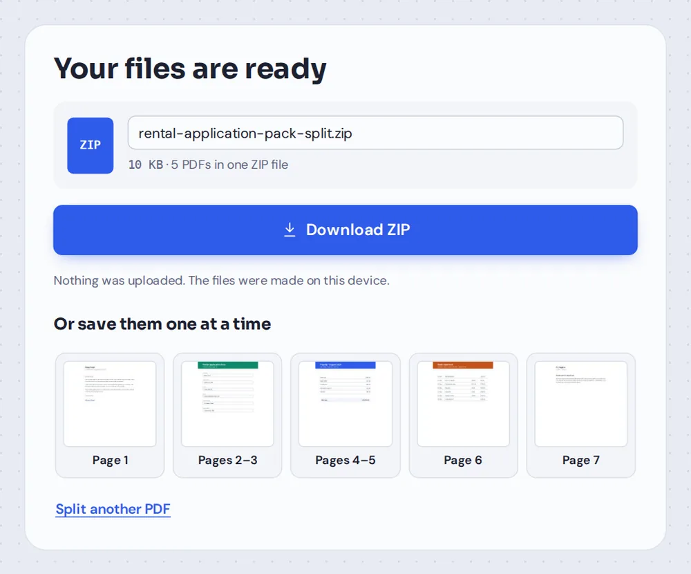 Files from Split PDF ready to download as a ZIP or one at a time