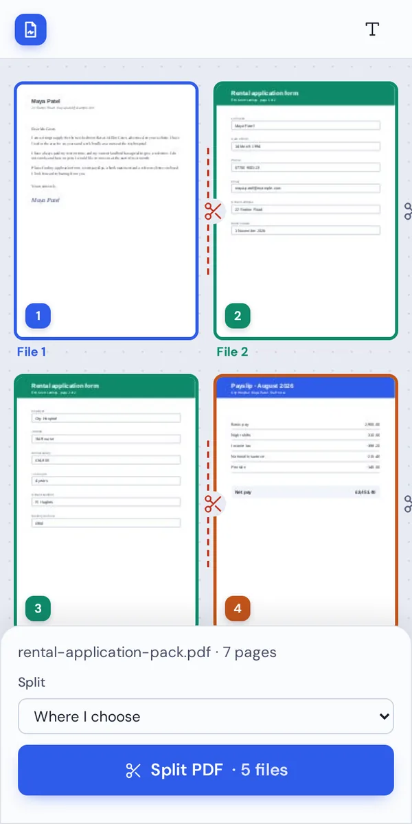 Split PDF on a phone with the Split PDF button at the bottom