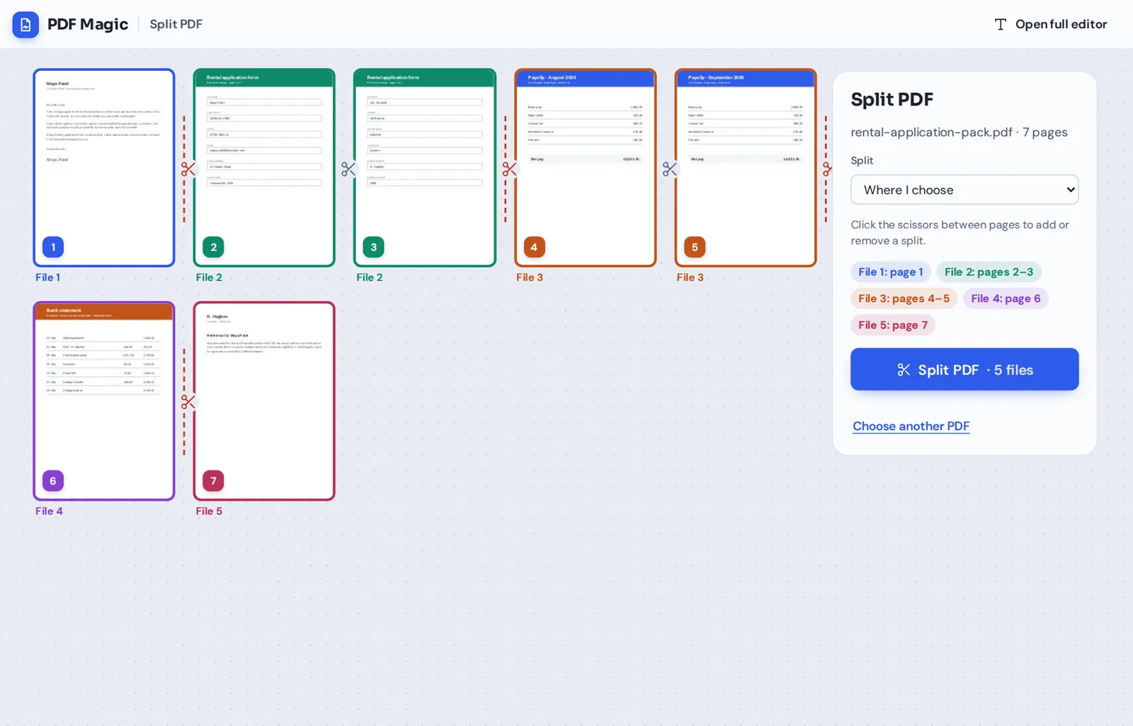 Split PDF online: a rental application pack cut into five separate PDFs