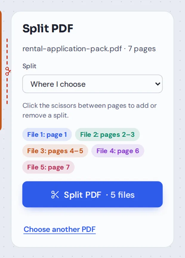 Split options and the list of new files before you split PDF