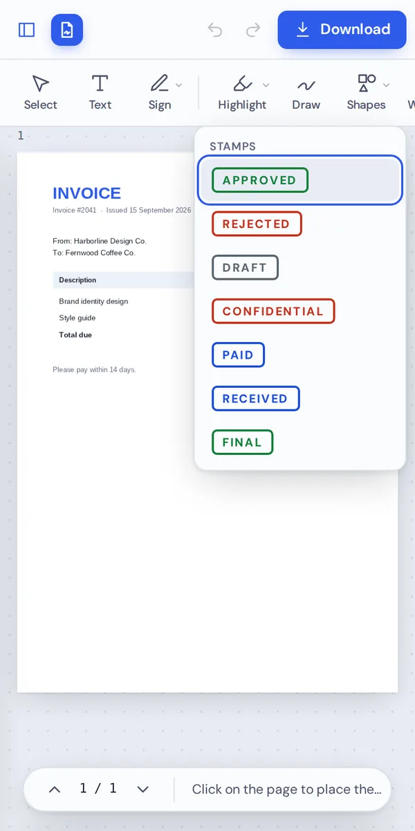 Stamp PDF on a phone by picking a stamp from the menu