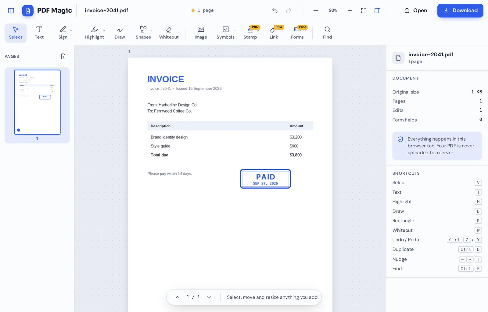 Stamp PDF online: a paid invoice in the PDF Magic editor